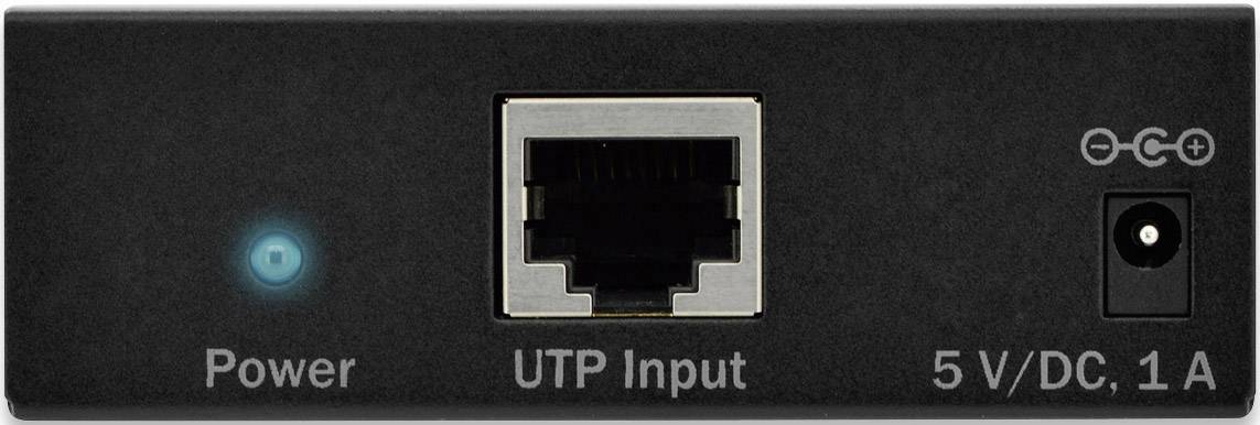 'Arrière d'un bloc d'alimentation avec interrupteur marche/arrêt, entrée UTP et connexion 5V/DC, 1A.'