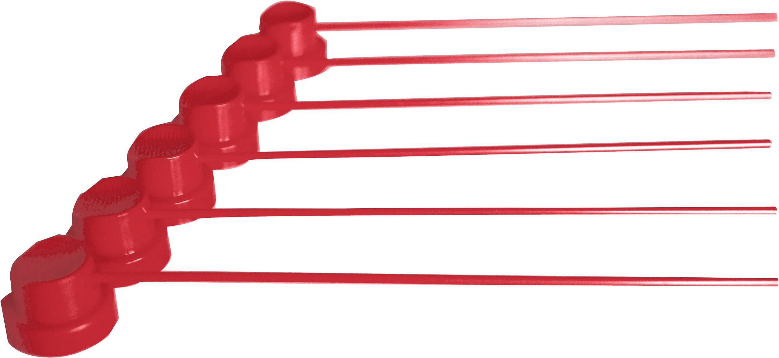 Plombes en plastique rouge alignées, chacune avec une tige longue, utilisées pour des scellements ou des fermetures.