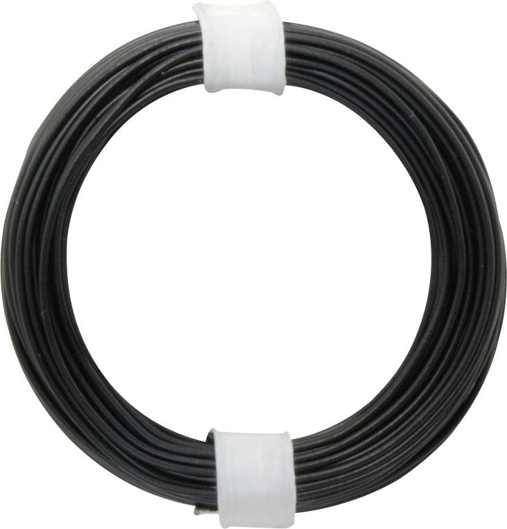 Un rouleau de câble noir avec des bandes blanches de fixation.
