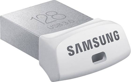 Une clé USB 3.0 argentée de 128 Go de Samsung.
