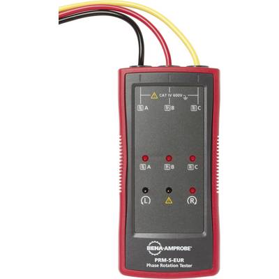 Testeur de phase avec trois voyants LED pour indiquer la position de phase et le sens de rotation, étiqueté 'PRM-5-EUR Phase Rotation Tester'.