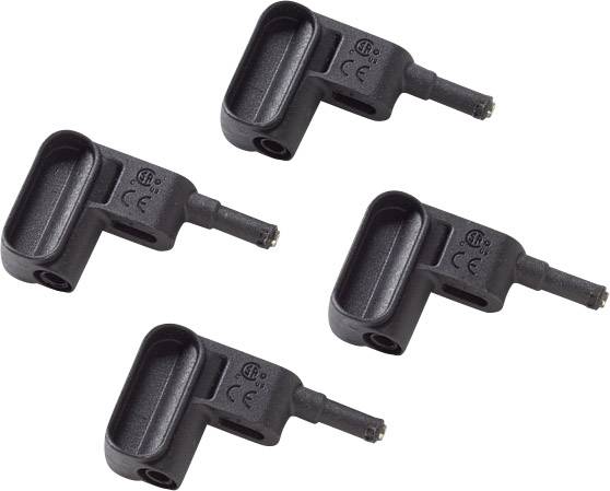 Quatre fiches angulaires noires avec marquage CE et de sécurité, adaptées aux appareils électriques.