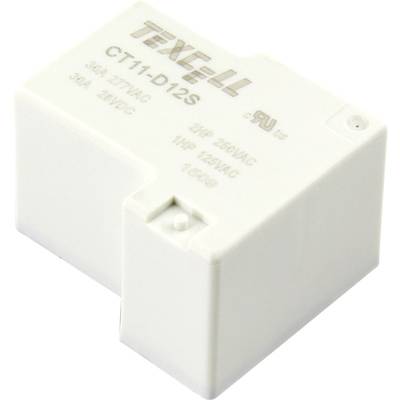 Un composant de relais blanc portant l'inscription 'TEXELL CT11-012S 30A 277VAC 30A 28VDC 20A 250VAC 1HP 250VAC 1/6HP 125VAC'.