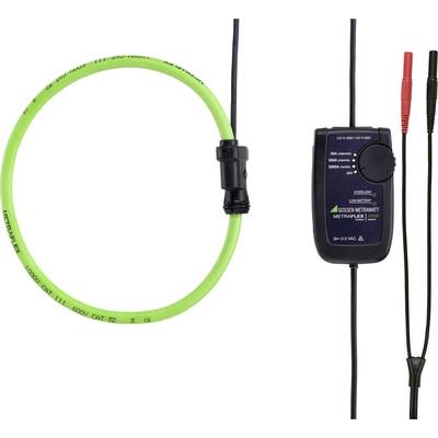Pince ampèremétrique flexible avec câble vert et affichage noir compact. Des pointes de test rouges et noires sont connectées.