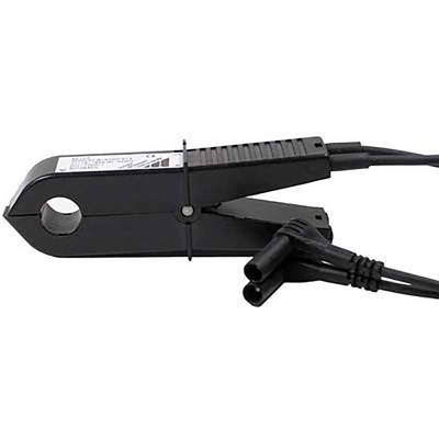 Pince ampèremétrique avec câble de connexion, utilisée pour mesurer le courant électrique, montrant le boîtier avec l'ouverture de préhension et le câble de raccordement.