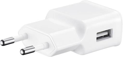 Chargeur USB blanc avec prise européenne, vue de côté.