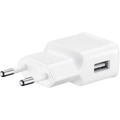 Chargeur USB blanc avec prise européenne, vue de côté.