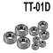 Plusieurs roulements à billes en métal de différentes tailles sur un fond blanc, avec l'inscription 'TT-01D' en haut à droite.