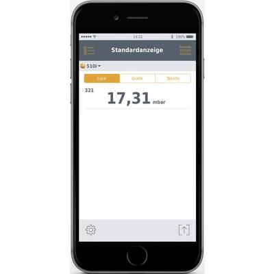 Un smartphone affiche une application avec l'indication '17,31 mbar'. Les options sont 'Liste', 'Graphique' et 'Tableau' sous 'Affichage standard'.