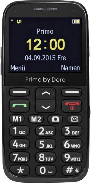 Un téléphone mobile simple avec de grandes touches, boîtier noir, l'écran affiche l'heure '12:00', la date '04.09.2015', et les options de menu 'Menu' et 'Noms'.