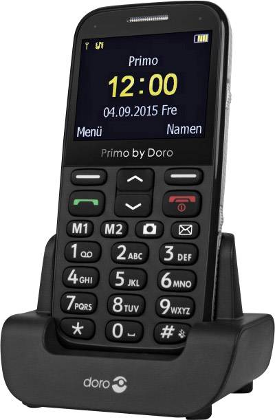 Un téléphone mobile avec de grandes touches et une station de charge. L'écran affiche l'heure 12:00 et la date 04/09/2015.
