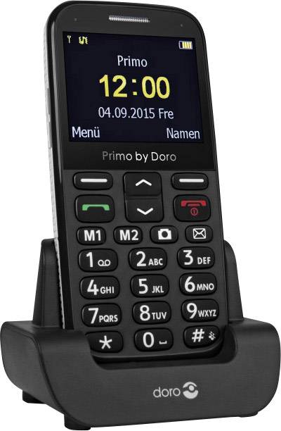 Téléphone mobile simple sur sa station de charge. L'écran affiche l'heure '12:00', la date '04.09.2015'. Grand clavier avec touches numériques et options de menu.