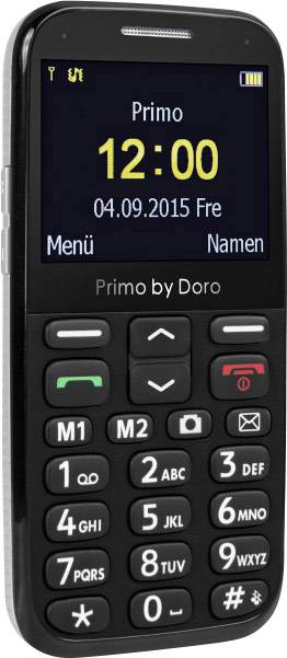 Un téléphone mobile simple avec un grand clavier numérique, affichant la date et l'heure : '04.09.2015 Ven', '12:00'.