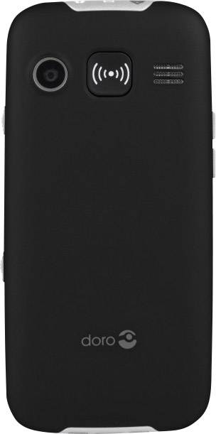 Dos noir d'un téléphone mobile avec caméra et grille de haut-parleur. En haut à droite se trouve un symbole de charge sans fil.