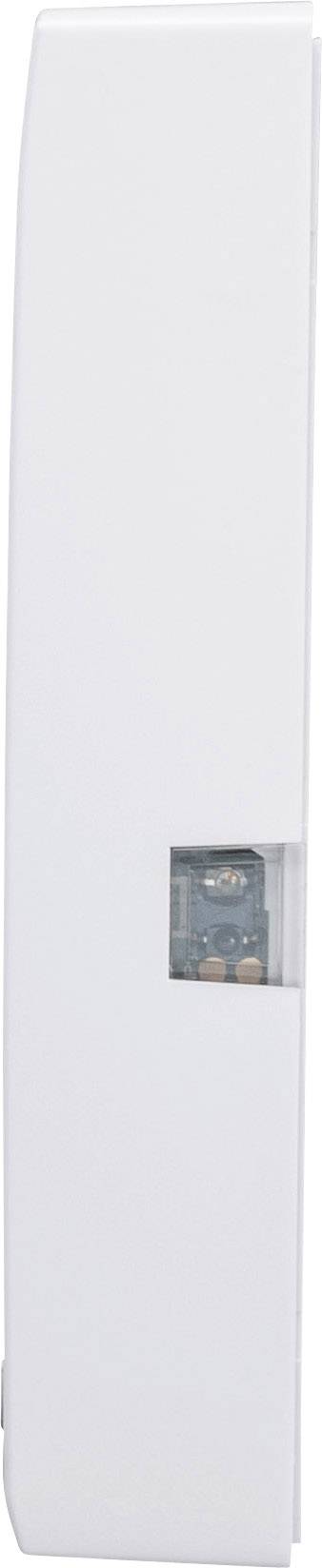 Un capteur étroit et vertical de couleur blanche, avec un couvercle transparent, révèle ses composants internes. Il est conçu pour détecter les mouvements.