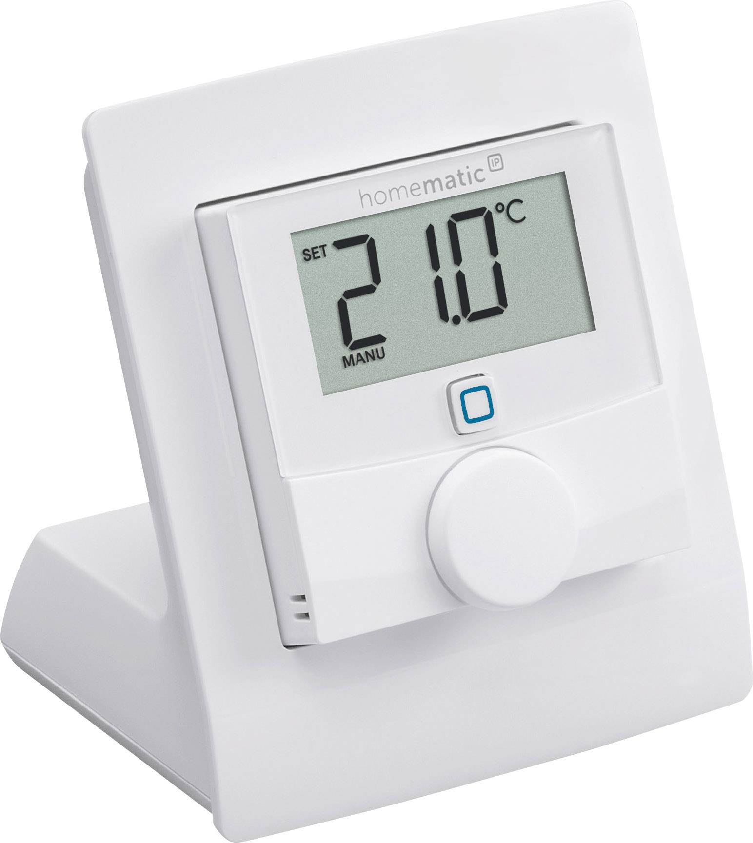 Un thermostat blanc sur un support affiche '21,0°C' sur un écran numérique, avec un bouton rotatif pour régler la température.