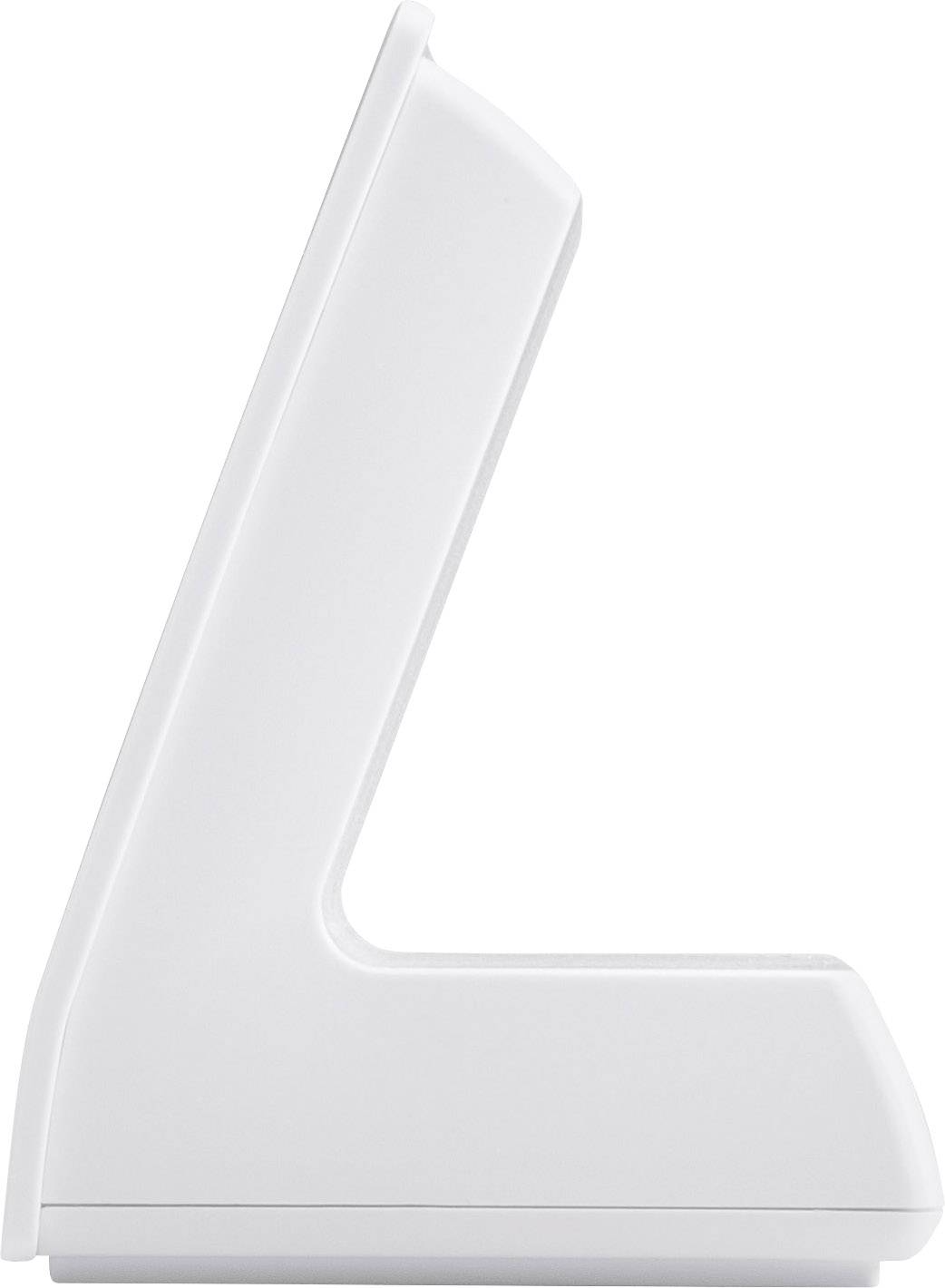 Vue latérale d'un appareil électronique blanc en forme de L, probablement une station d'accueil ou une station de charge, posé sur une surface blanche.