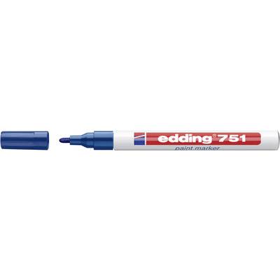 Marqueur permanent Edding 751 bleu ouvert, avec étiquette rouge et capuchon blanc.