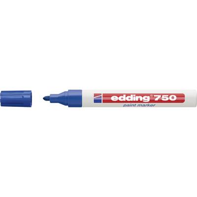 Un marqueur permanent bleu edding 750 avec le capuchon retiré, montrant la pointe en feutre et l'inscription « edding 750 paint marker ».