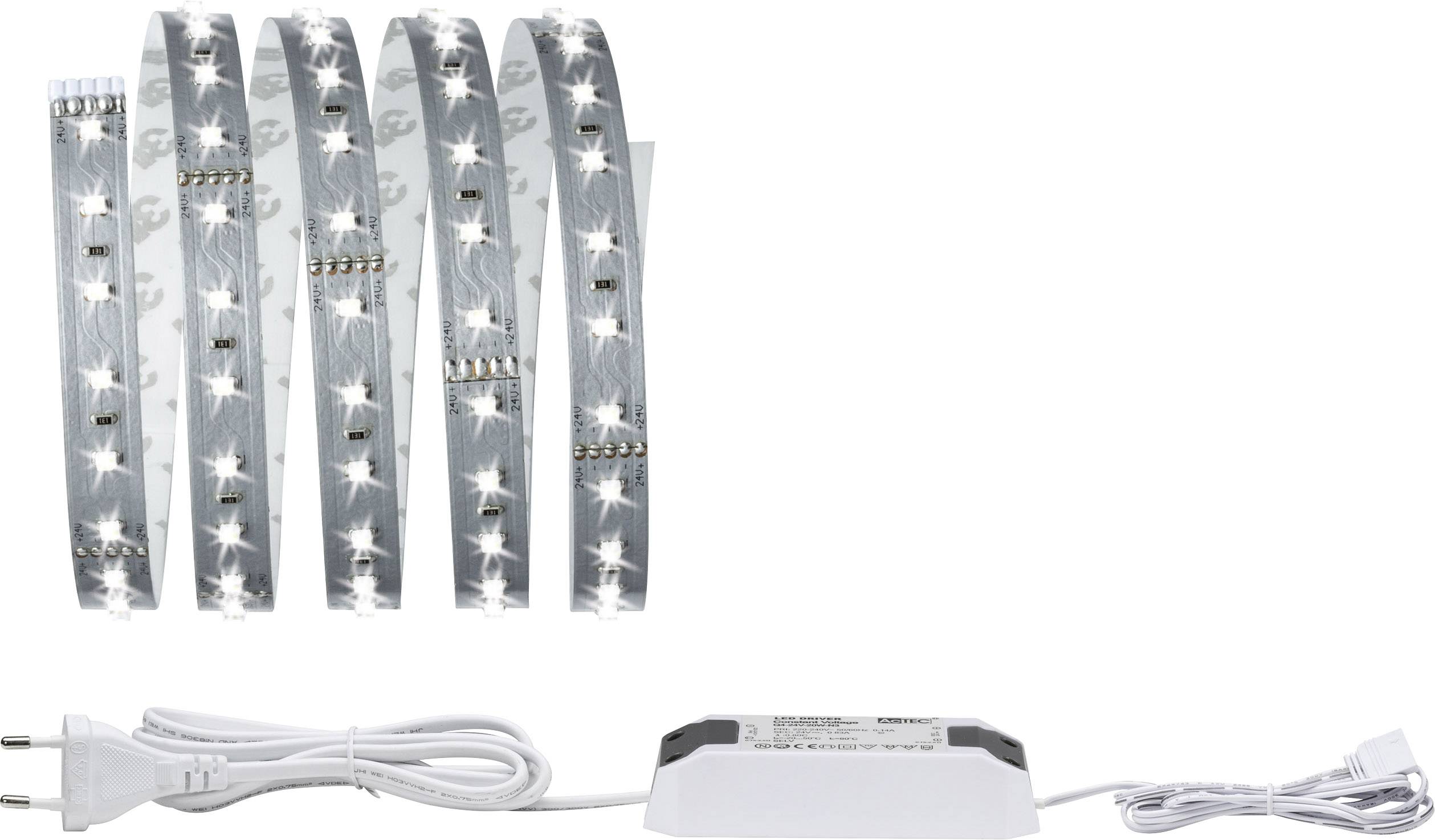 Bande lumineuse LED avec bloc d'alimentation et câble. Les bandes émettent une lumière blanche et peuvent être disposées de manière flexible. Idéal pour la décoration.