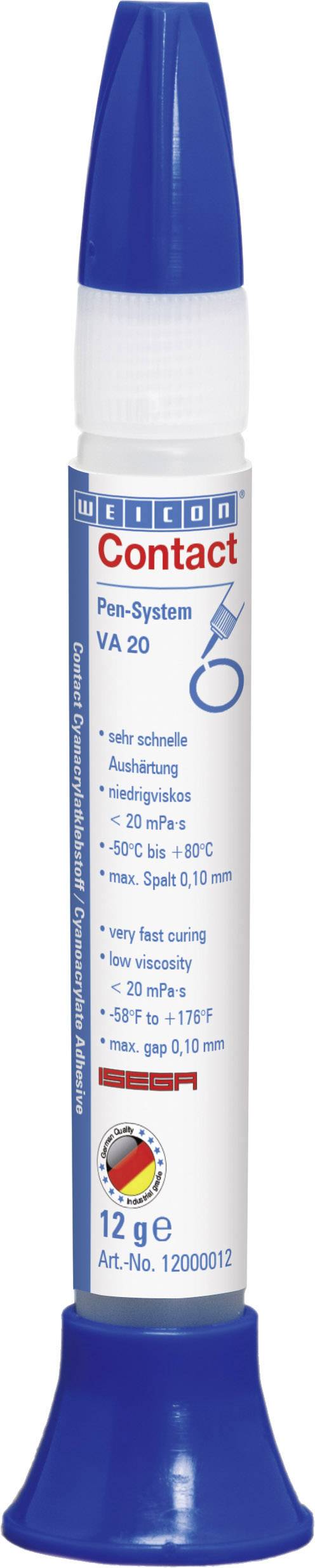 Bâton de colle avec capuchon bleu et protection rouge. Marque 'Contact Pen System VA 20'. Contient 12 g. Idéal pour un collage rapide.