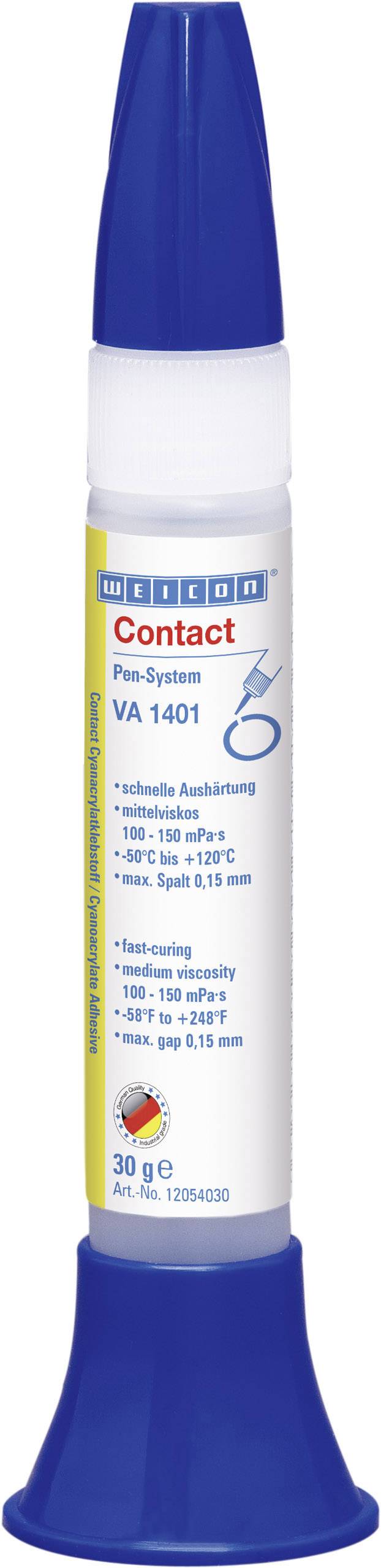 Un support de tubes bleu pour colle Loctite avec étiquette jaune. Inscription : « Contact », 30g, avec informations produit.