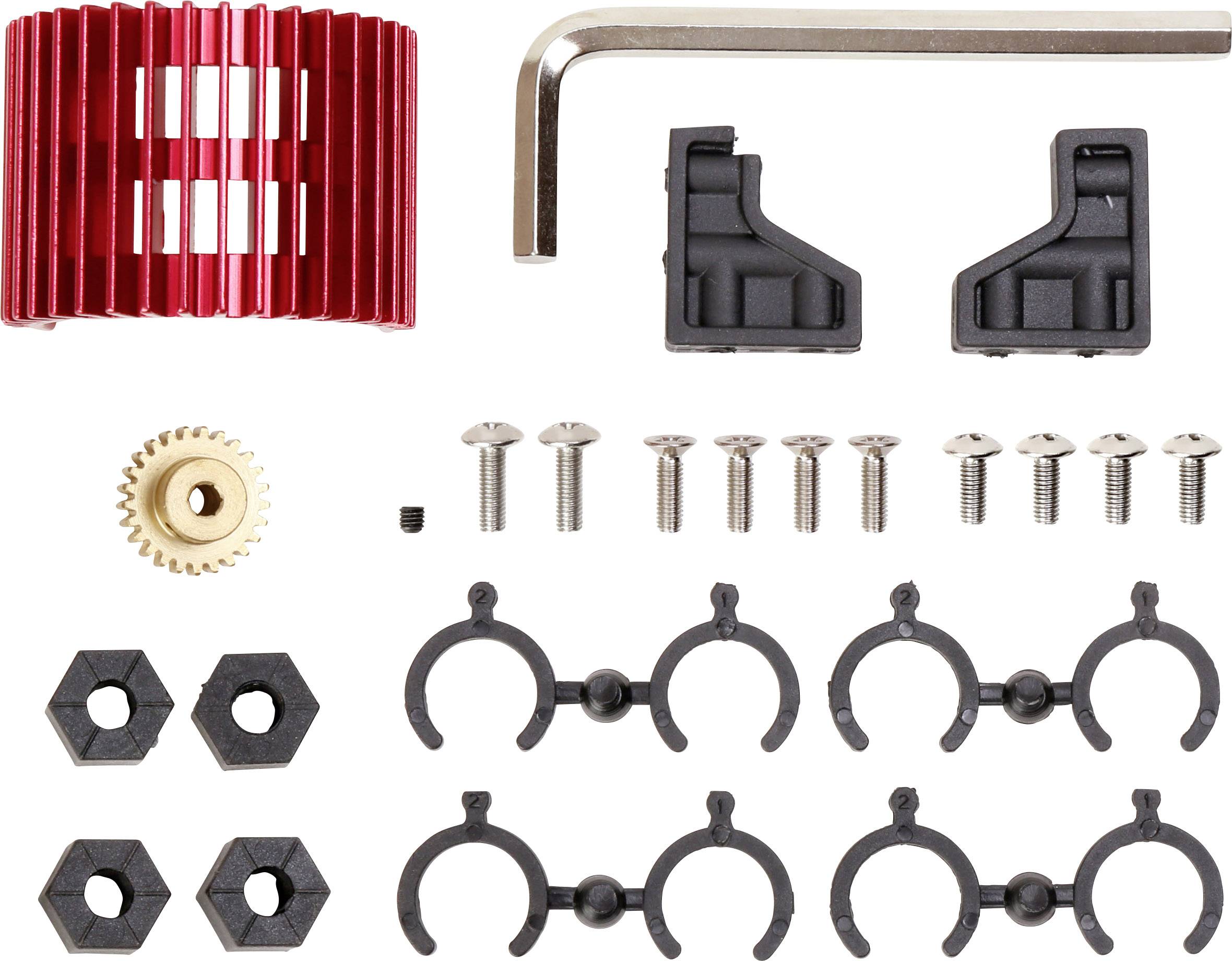 Un kit comprenant différentes pièces : un dissipateur thermique rouge, des vis, un engrenage en laiton, des supports en plastique et une clé hexagonale.