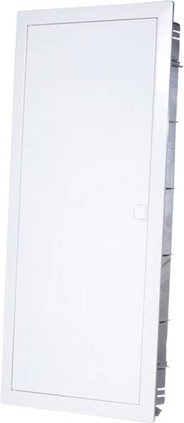 Trappe murale blanche rectangulaire avec cadre étroit et encoche intégrée pour poignée, adaptée à l'installation dans les ouvertures murales.