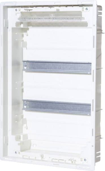 Un boîtier de distribution vide, blanc, avec deux rails métalliques à l'intérieur, adapté pour l'installation de fusibles électriques et d'appareils.