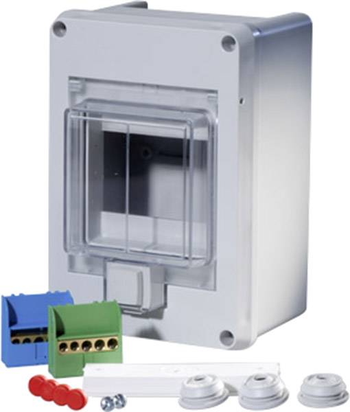 Boîte de distribution électrique avec fenêtre transparente, à côté de connecteurs en bleu et vert, avec des capuchons rouges et du matériel de fixation.