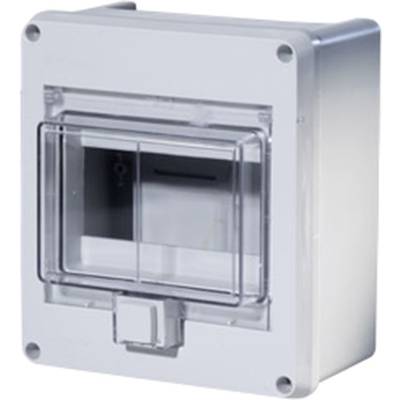 Un boîtier rectangulaire gris en plastique avec un couvercle transparent, adapté aux circuits électriques ou aux fusibles.