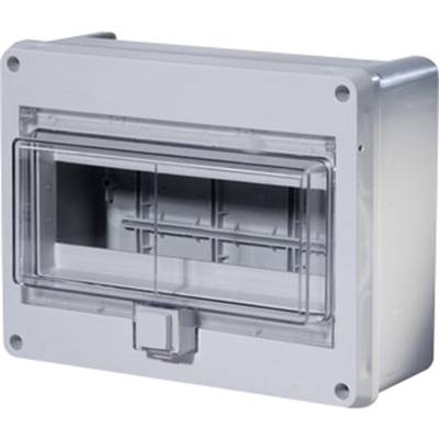Boîtier de distribution électrique gris avec couvercle transparent et rabattable, adapté à la protection et à l'organisation des circuits électriques.