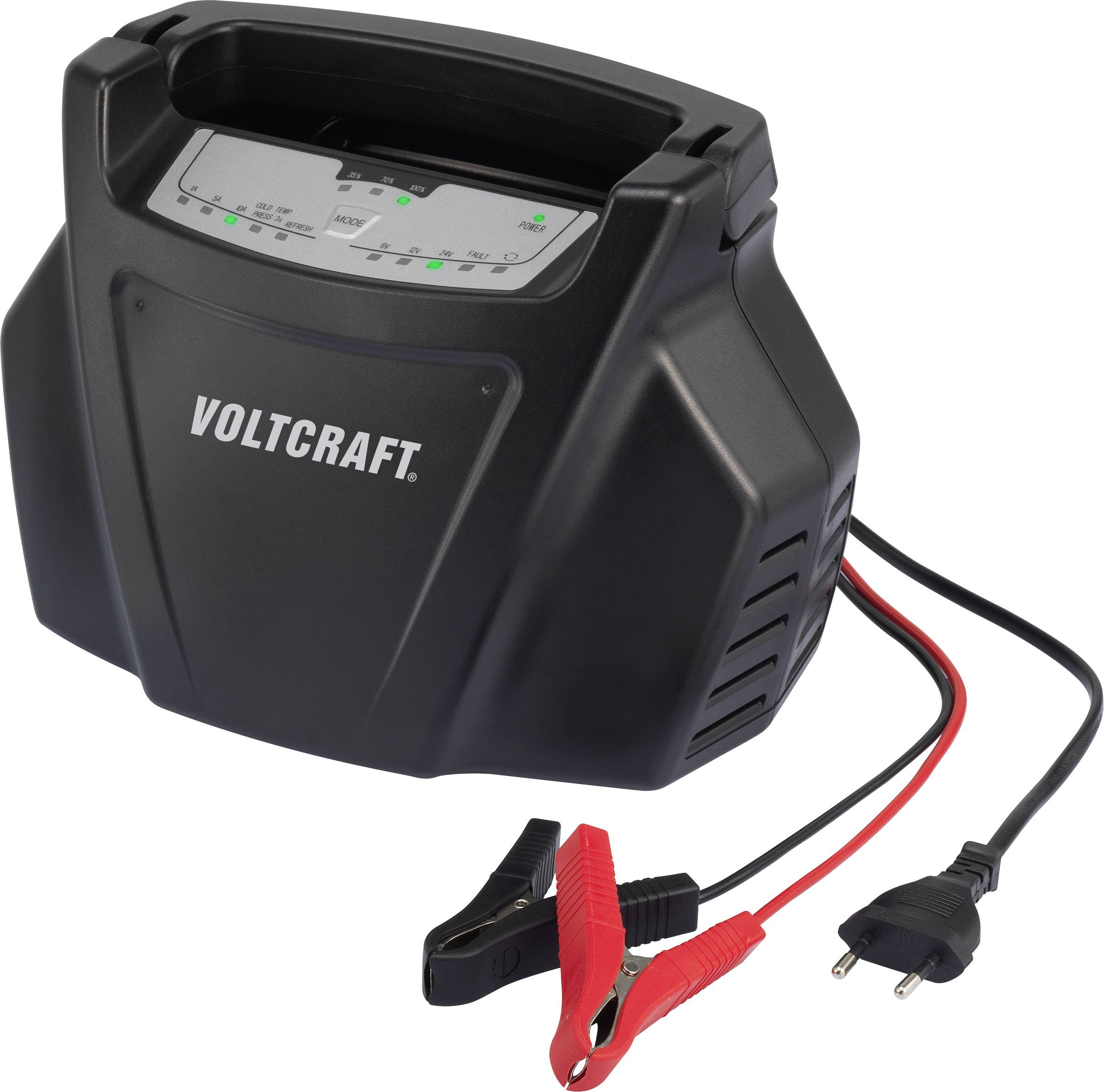 Chargeur de batterie de voiture 'Voltcraft' avec affichage LED, pinces rouges et noires et câble secteur.