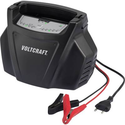 Chargeur de batterie de voiture 'Voltcraft' avec affichage LED, pinces rouges et noires et câble secteur.