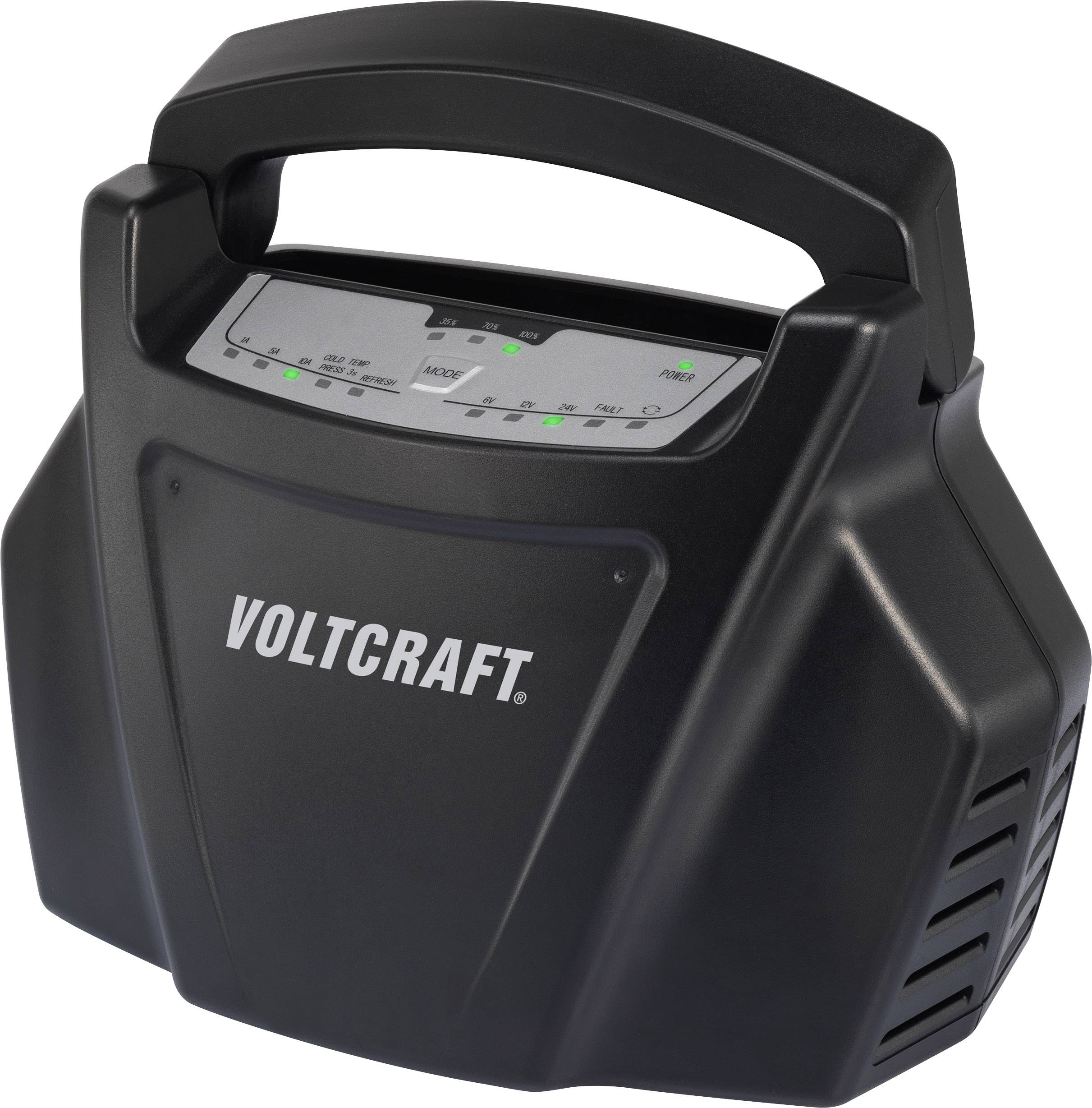 Un chargeur de batterie noir de la marque Voltcraft avec plusieurs voyants LED verts indiquant l'état de charge.