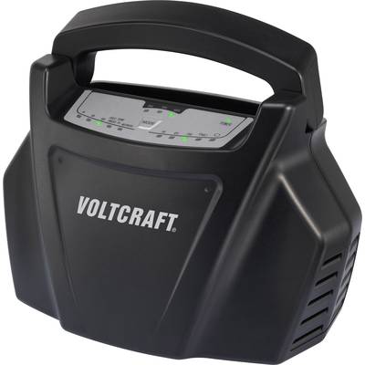 Un chargeur de batterie noir de la marque Voltcraft avec plusieurs voyants LED verts indiquant l'état de charge.