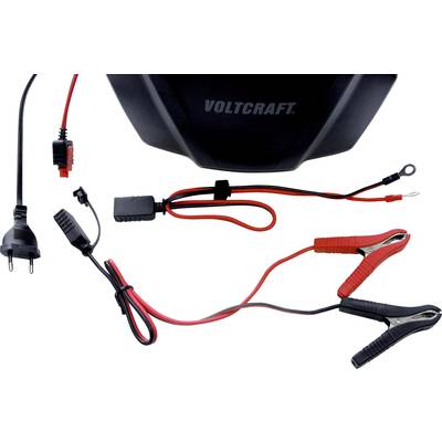 Chargeur avec deux câbles : l'un équipé de pinces crocodiles, l'autre avec une fiche de connexion européenne. Marquage 'VOLTCRAFT'.