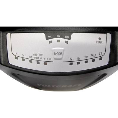 Un chargeur avec un affichage des états de charge (35%, 70%, 100%), des modes (6V, 12V, 24V) et des voyants lumineux d'alimentation et d'erreur.