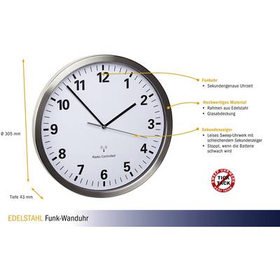 Une horloge murale ronde en acier inoxydable avec un cadran recouvert de verre, affichant l'heure avec une précision à la seconde près. Dimensions : 305 mm de diamètre, 43 mm de profondeur.