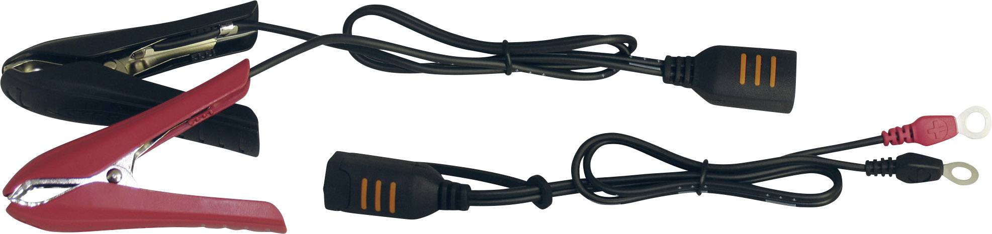 Deux câbles de démarrage avec pinces et fiches ; une pince est rouge, l'autre noire. Utilisés pour la connexion de batteries.