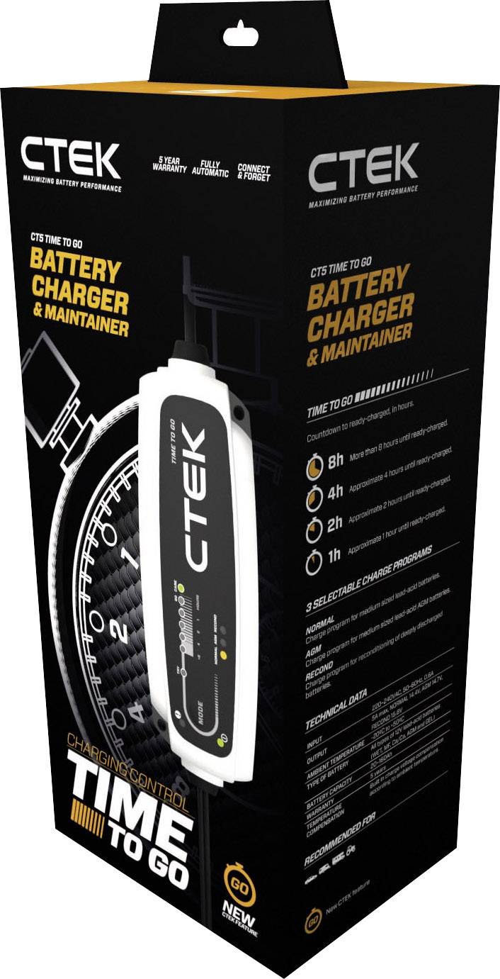 Emballage CTEK d'un chargeur de batterie avec affichage du temps, inscription 'Chargeur et Mainteneur de Batterie'. Caractéristiques principales et durées imprimées.