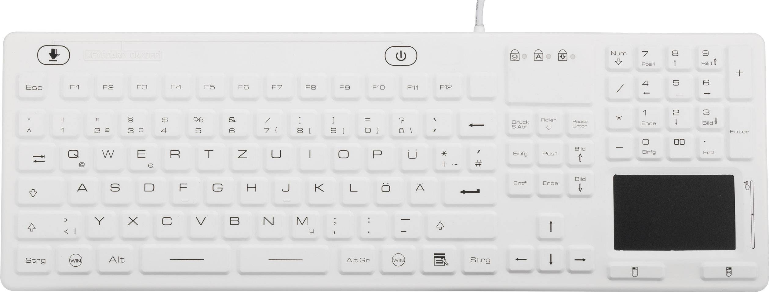 Clavier blanc avec pavé numérique et pavé tactile intégré. Les touches sont clairement étiquetées.