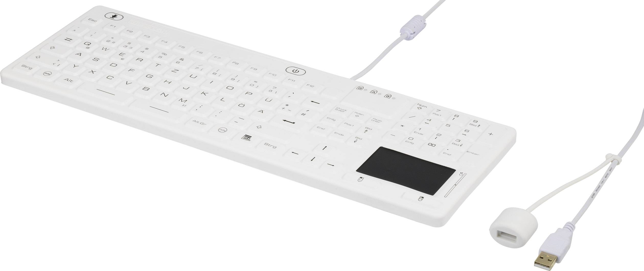 Clavier d'ordinateur blanc filaire avec pavé tactile intégré, connexion USB et adaptateur supplémentaire. Idéal pour les espaces de travail compacts.