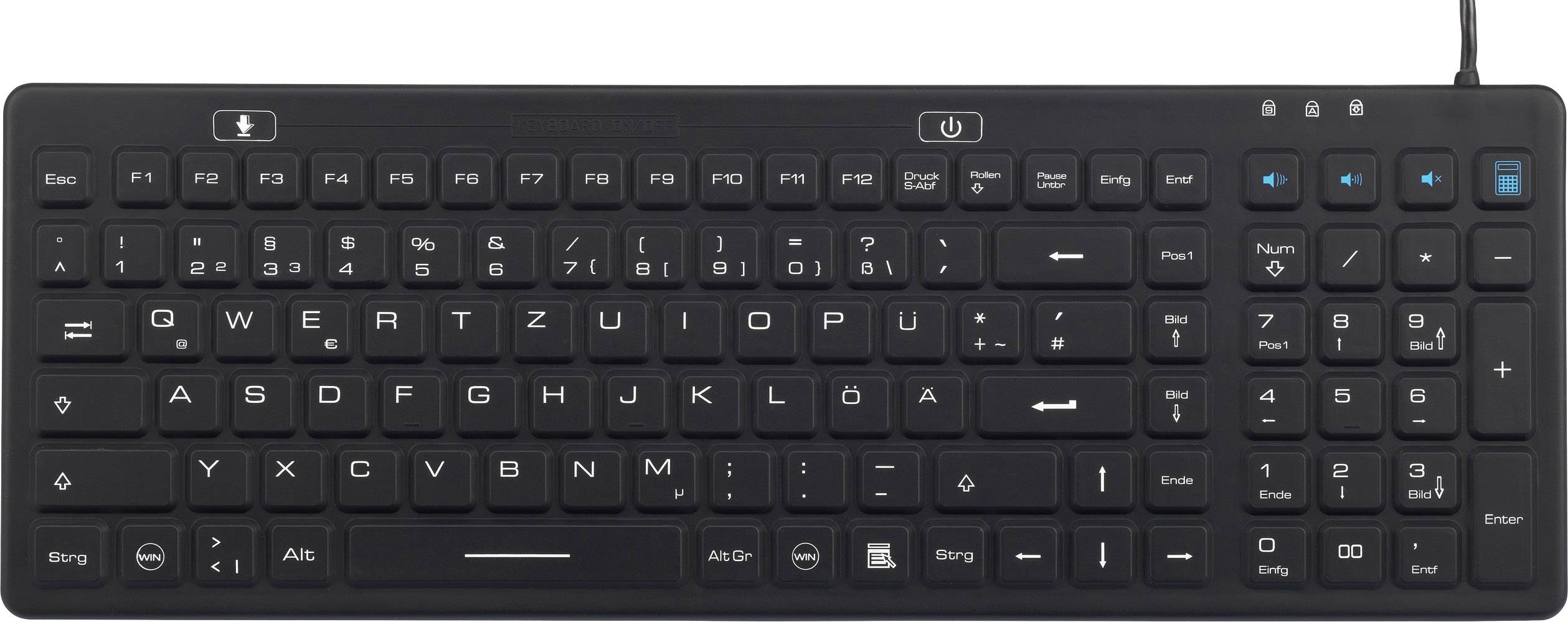 Un clavier d'ordinateur noir avec une disposition de touches complète, comprenant les touches de fonction et le pavé numérique.