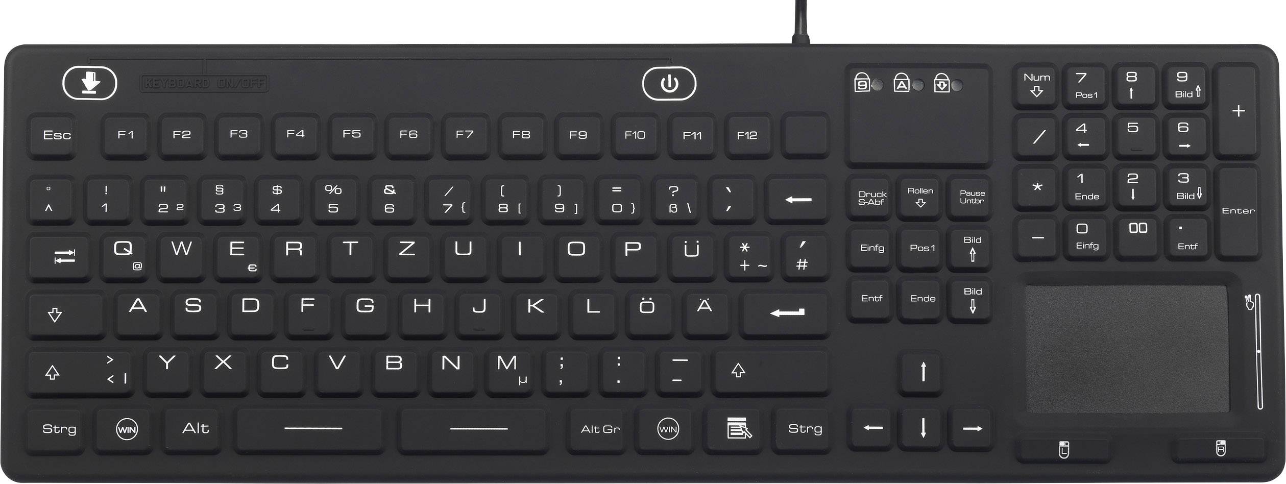 Un clavier noir avec disposition QWERTZ, rangée de touches de fonction, pavé numérique et pavé tactile en haut à droite.