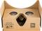 Carton de lunettes Google Cardboard pour expériences de réalité virtuelle. Deux lentilles sont visibles. Code QR à gauche, indication textuelle d'URL à droite.