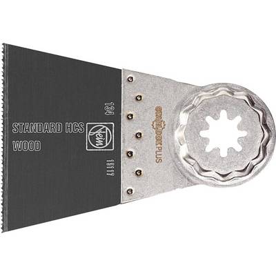Lame de scie Standard HCS Wood pour travaux sur bois, forme triangulaire, marquée avec des chiffres et des logos, tons métalliques argent et noir.