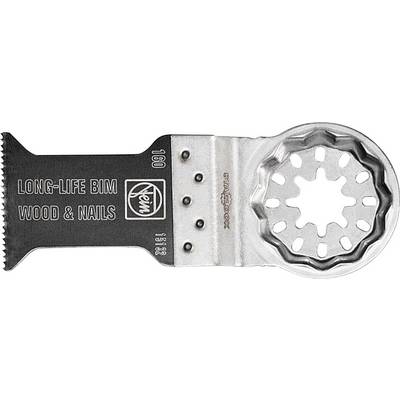 Une lame de scie oscillante portant l'inscription « LONG-LIFE BIM WOOD & NAILS », adaptée pour le bois et les clous, montrant ses dents et son système de fixation.