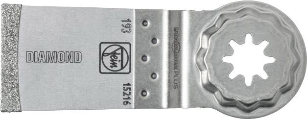 Une lame oscillante avec fixation ronde et bord de coupe revêtu de diamant, adaptée aux matériaux tels que les carrelages.