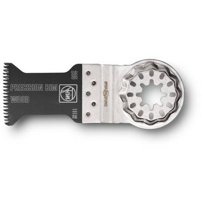 Lame de scie noire pour outil oscillant avec adaptateur de roue dentée argenté. Marquages : 'Precision BIM Wood', 'Fein', 'Starlock'.